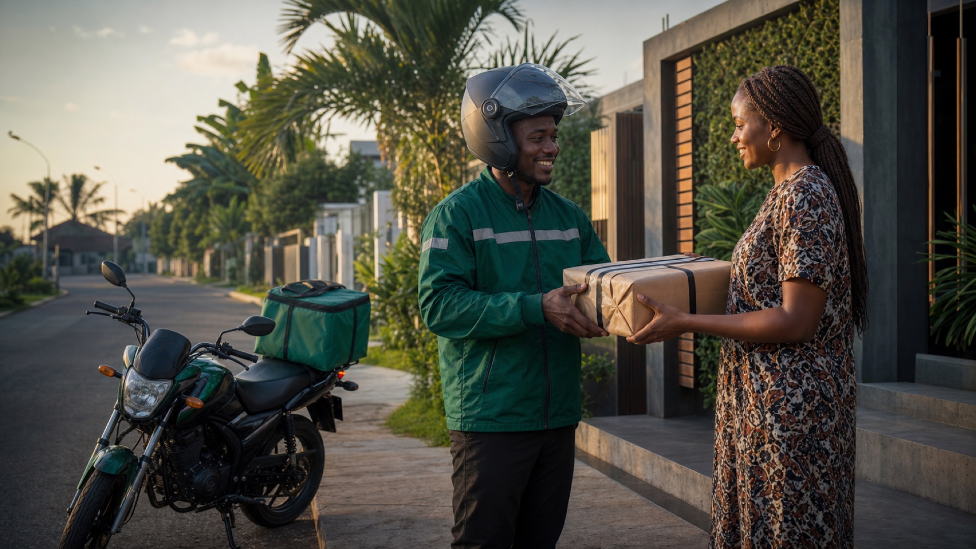 Livreur Miaki remettant un colis à une cliente à Brazzaville